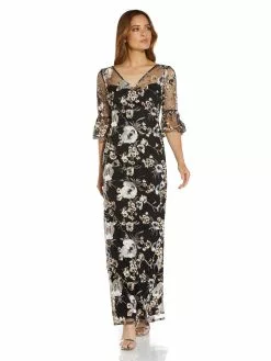 Adrianna Papell V Neck Embroidered Bell Sleeve Gown