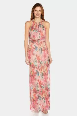 Adrianna Papell Metallic Pleated Halter Gown