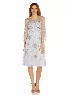 Adrianna Papell Beaded Cocktail Dress Bell Sleeve