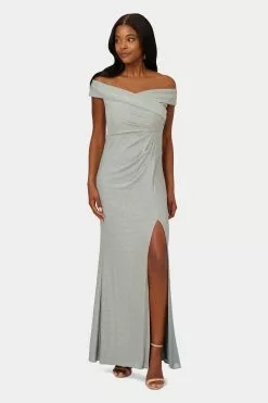 Adrianna Papell Metallic Knit Draped Gown