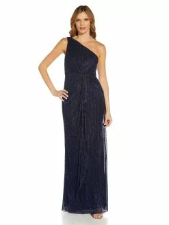 Adrianna Papell Petite One Shoulder Metallic Pleated Knit Gown