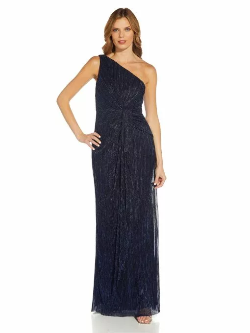 Adrianna Papell Petite One Shoulder Metallic Pleated Knit Gown -Deals Adrianna Papell Store AP1E208794P 1805920 1
