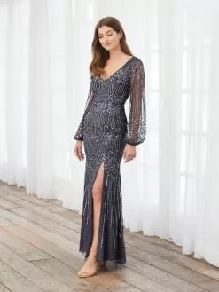 Adrianna Papell Platinum 40400 Sparkling Long Sleeve Gown -Deals Adrianna Papell Store S23 AP 40400 04 529x705