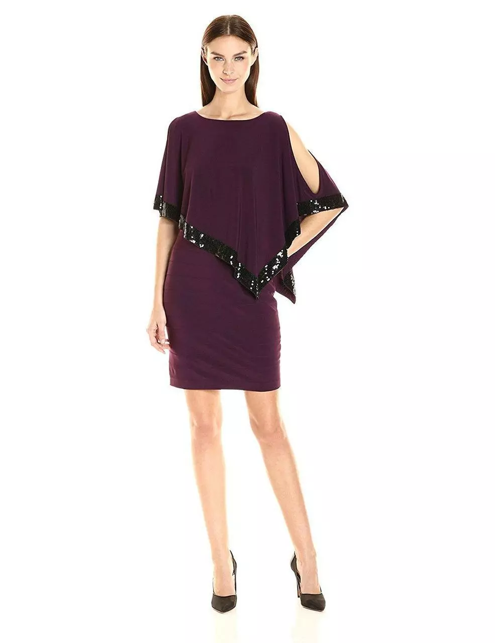 Adrianna Papell - AP1D100418 Sequin Trim Capelet Banded Sheath Dress 1 Adrianna Papell - AP1D100418 Sequin Trim Capelet Banded Sheath Dress