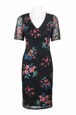 Adrianna Papell - AP1D102954 Floral Embroidered V-neck Sheath Dress -Deals Adrianna Papell Store adrianna papell ap1d102954 floral embroidered v neck sheath dress semi formal 12134314311763