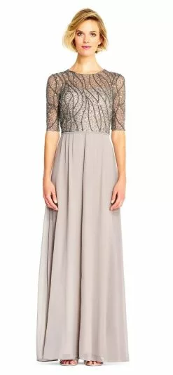 Adrianna Papell - AP1E202210 Elbow Sleeves Beaded Chiffon Gown -Deals Adrianna Papell Store adrianna papell ap1e202210 elbow sleeves beaded chiffon gown special occasion dress 5446014566457