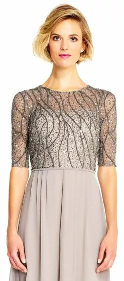 Adrianna Papell - AP1E202210 Elbow Sleeves Beaded Chiffon Gown -Deals Adrianna Papell Store adrianna papell ap1e202210 elbow sleeves beaded chiffon gown special occasion dress 5446014631993