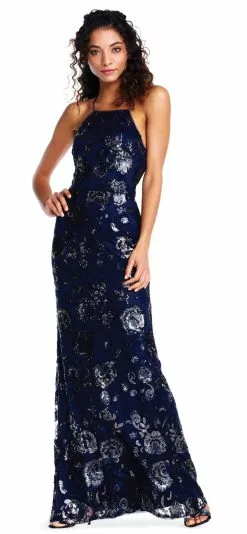 Adrianna Papell - AP1E202991 Floral Sequined Halter Sheath Dress