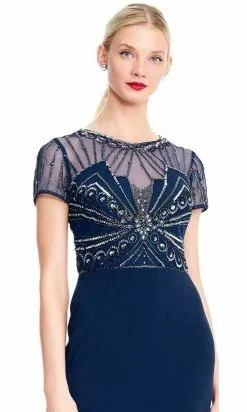 Adrianna Papell - AP1E203646 Beaded Sheer Short Sleeve Trumpet Dress -Deals Adrianna Papell Store adrianna papell ap1e203646 beaded sheer short sleeve trumpet dress special occasion dress 28754283200595