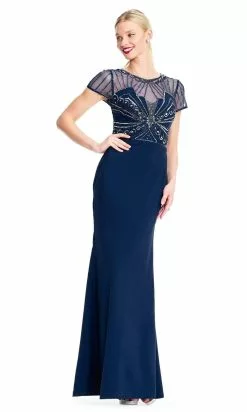 Adrianna Papell - AP1E203646 Beaded Sheer Short Sleeve Trumpet Dress -Deals Adrianna Papell Store adrianna papell ap1e203646 beaded sheer short sleeve trumpet dress special occasion dress 28754283298899
