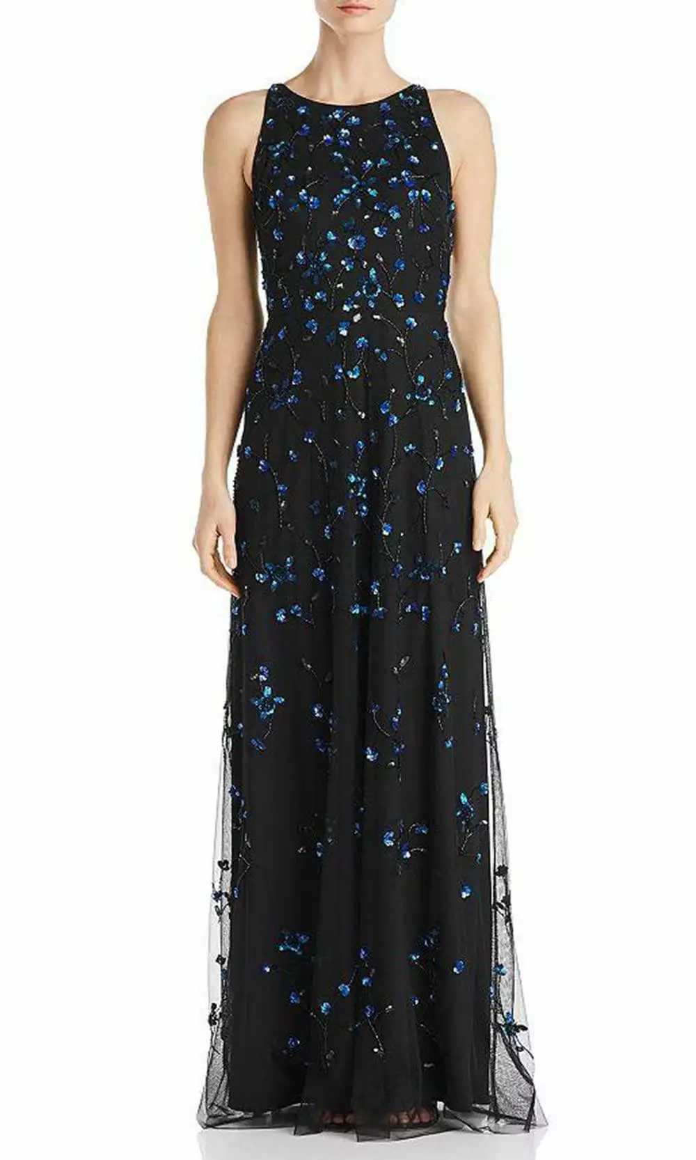 Adrianna Papell - AP1E205920 Sequined Floral Bateau Neck Mesh Dress 1 Adrianna Papell - AP1E205920 Sequined Floral Bateau Neck Mesh Dress