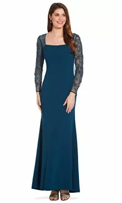 Adrianna Papell - AP1E206039 Beaded Long Sleeve Square Neck Long Dress -Deals Adrianna Papell Store adrianna papell ap1e206039 beaded long sleeve square neck long dress evening dresses 4 midnight teal 28839460634707