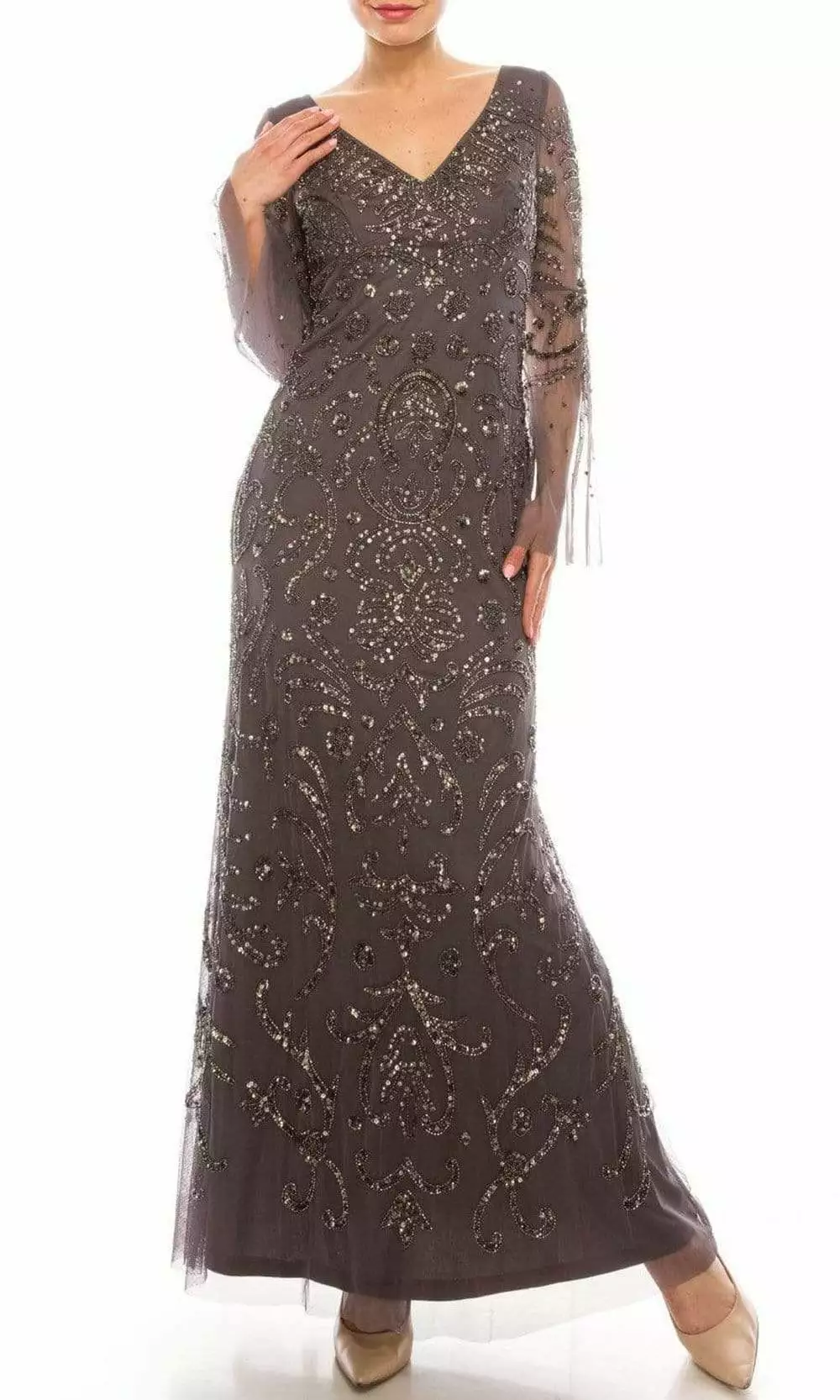 Adrianna Papell - AP1E206204 V Neck Embellished Evening Gown 1 Adrianna Papell - AP1E206204 V Neck Embellished Evening Gown