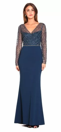 Adrianna Papell - Embellished V-Neck Evening Dress AP1E203730 - 1 Pc Deep Blue In Size 4 Available