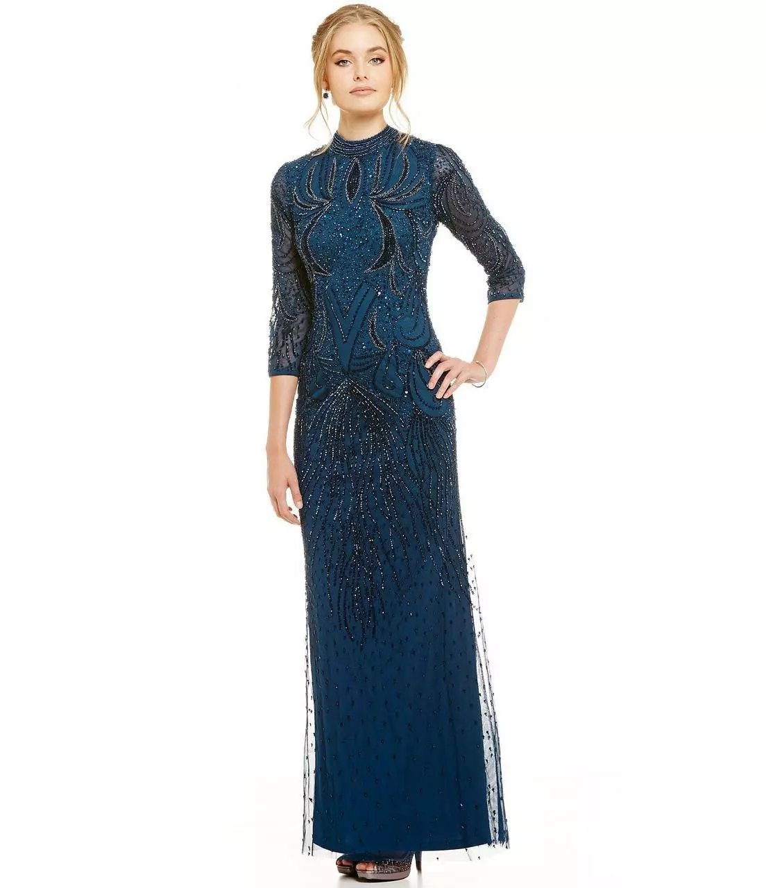 Adrianna Papell - Quarter Length Sleeves Long Dress AP1E200282 1 Adrianna Papell - Quarter Length Sleeves Long Dress AP1E200282