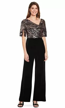 Adrianna Papell - Sequined V Neck Jumpsuit AP1E206295 - 1 Pc Black Rosegold In Size 2 Available