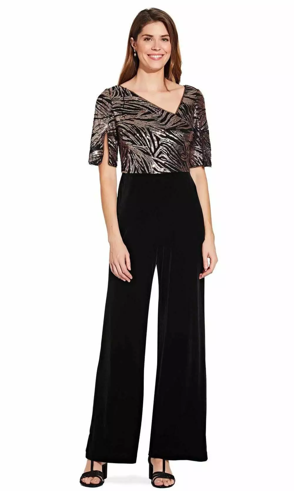Adrianna Papell - Sequined V Neck Jumpsuit AP1E206295 - 1 Pc Black Rosegold In Size 2 Available 1 Adrianna Papell - Sequined V Neck Jumpsuit AP1E206295 - 1 Pc Black Rosegold In Size 2 Available