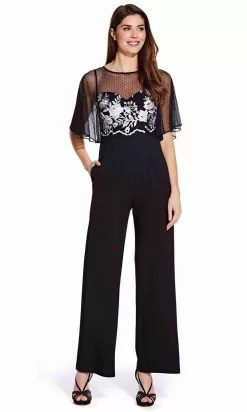 Adrianna Papell - Sheer Overlay Embroidered Jumpsuit AP1E205755 - 1 Pc Black Ivory In Size 20 Available