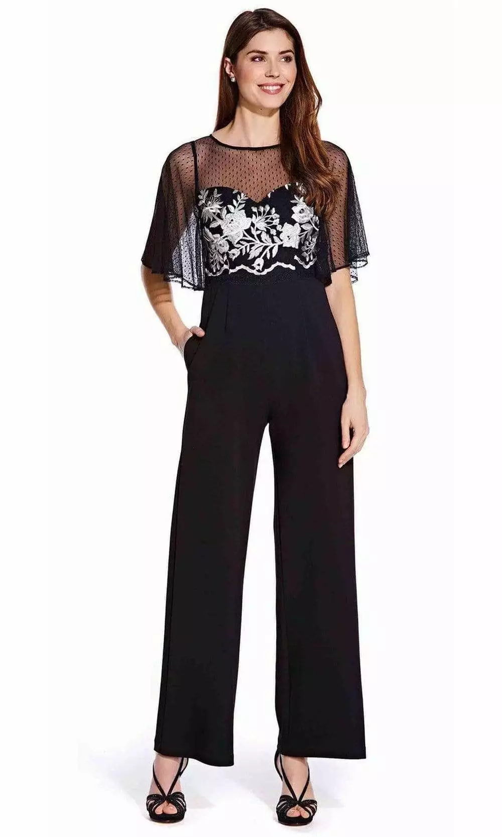 Adrianna Papell - Sheer Overlay Embroidered Jumpsuit AP1E205755 - 1 Pc Black Ivory In Size 20 Available 1 Adrianna Papell - Sheer Overlay Embroidered Jumpsuit AP1E205755 - 1 Pc Black Ivory In Size 20 Available